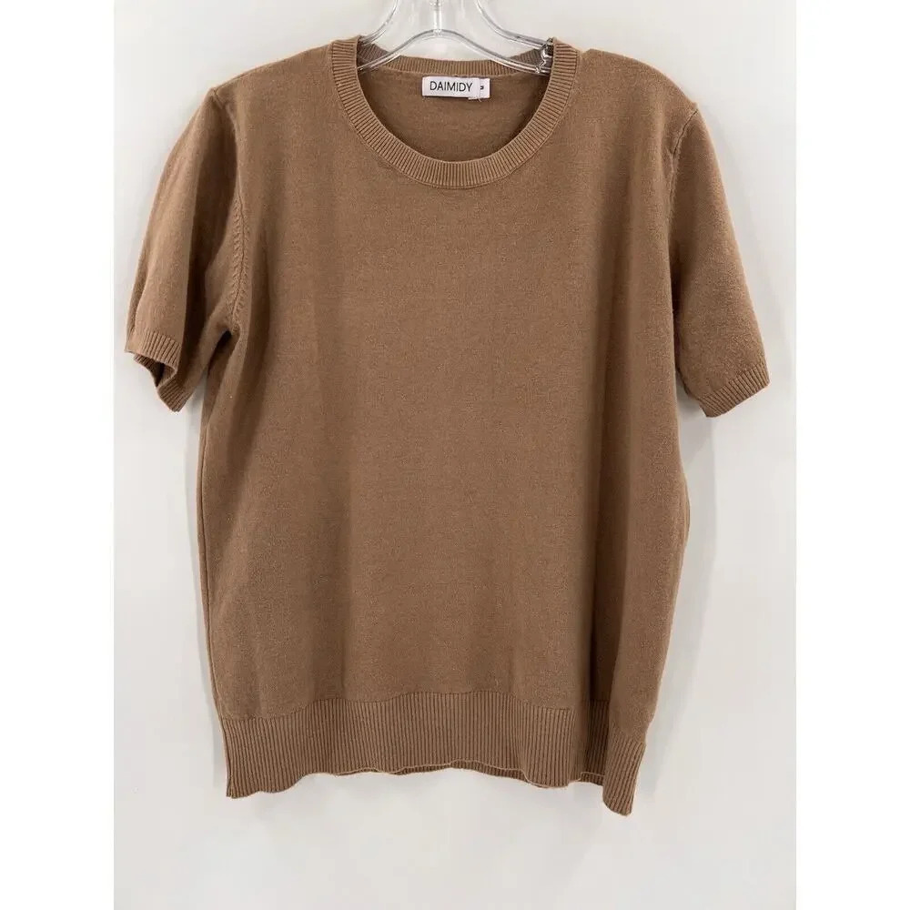 Daimidy Sweater Women's Medium BROWN Short Sleeve Crew Neck Pullover Lightweight